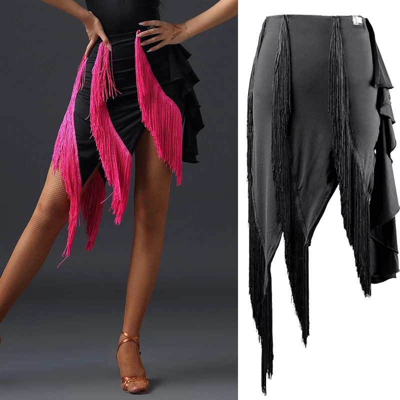 

Women Latin Dance Skirt Sexy Split Black Tassel Fringe Skirts Adult Samba Salsa Cha Practice Performance Dancing Clothes DQS2494