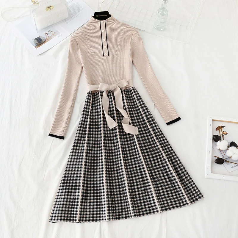 

Женское трикотажное платье с поясом, элегантное винтажное клетчатое плиссированное платье-трапеция с длинным рукавом, Осень-зима