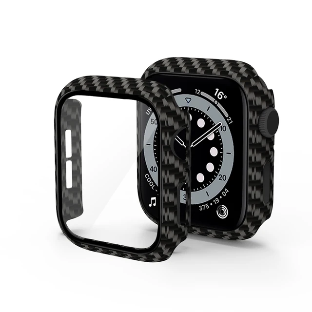 Glass+Case for iWatch Case Cover for Apple Watch Case 45/41mm 44mm 42mm 40mm 38mm Series 7 6 5 4 3 2 1 SE Protector Accessories Carbon Black