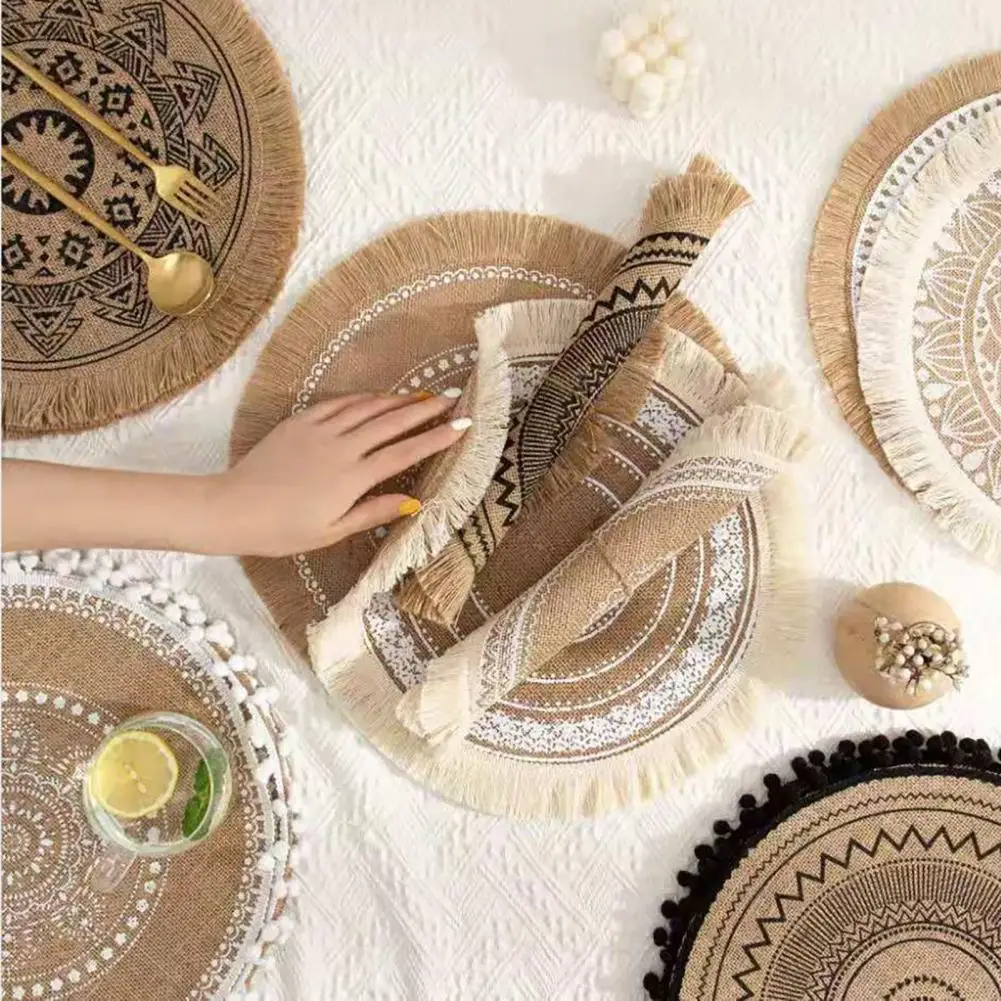 ins wind Rattan Trivet Mats Table Mat Heat Insulation Handmade Flax Dining Table Non-Slip Placemat Heat Resistant Cup Coaster