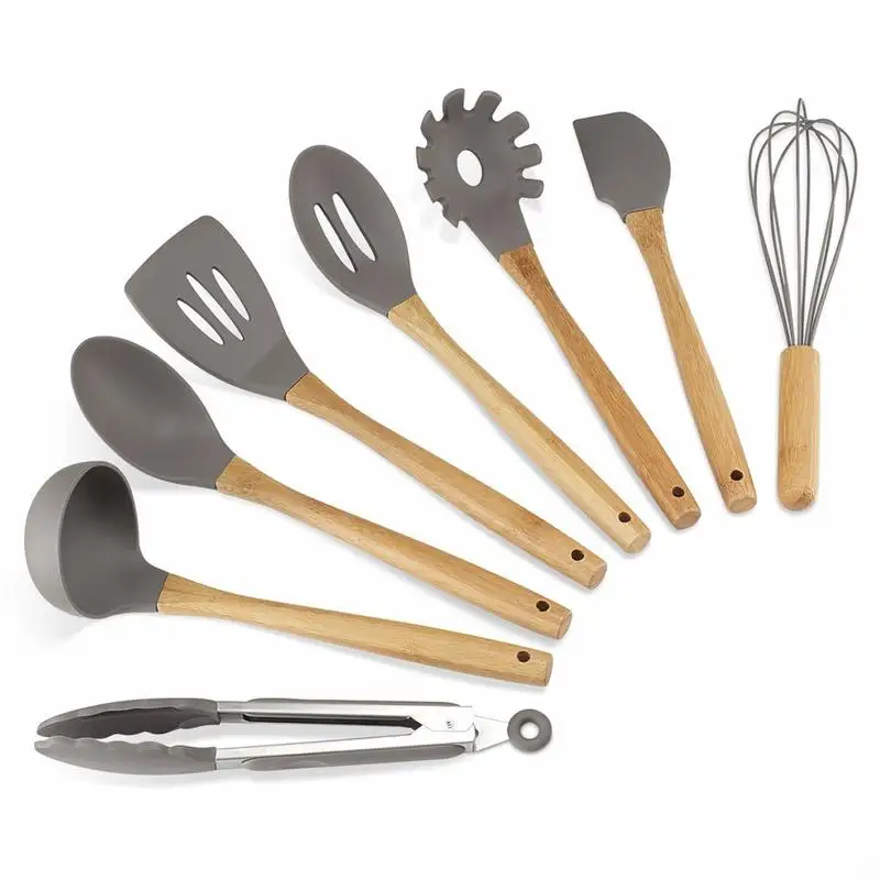 

Silicone Kitchen Utensils Set 8PCS Cooking Utensils with Natural Bamboo Wood Handle for Nonstick Cookware Kitchen Tools Grey
