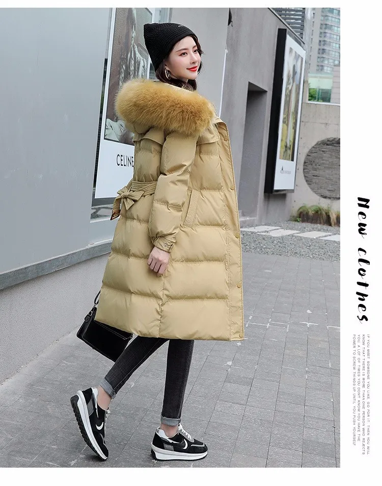 parka coat Yzeqi 2021 Women Long Winter Jacket Big Fur Belt Hooded Thick Down Parkas Female Fashion Cotton-padde Jackets Coat Warm Outwear long puffer coat