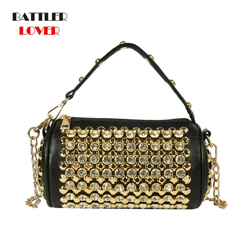 BATTLERLOVER Leather Tassels Skull Handbag Women Luxury Rock Rivet Punk Shoulder Bag Black Sheepskin Messenger Travel Bag