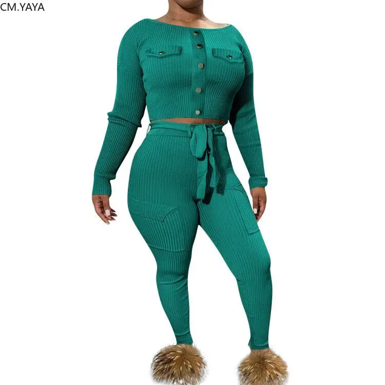 GL Женский Зимний Элегантный женский комплект, спортивный костюм с длинным рукавом, трикотажные облегающие комбинезоны-карандаш, костюм из двух предметов, комплект одежды, комбинезоны L6052 - Цвет: Зеленый