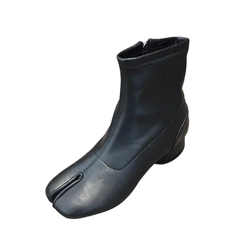 

Women Split Toe Ankle Leather Boots Low Heel Ninja Zip Booties Woman Round Heel Martin Lady Shoes Female Short Boots