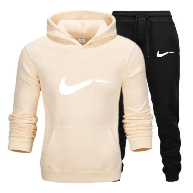 khaki and black-B Новинка, модные мужские толстовки с капюшоном, костюмы, брендовый спортивный костюм для мужчин/женщин, толстовки+ спортивные штаны, осенне-зимний флисовый пуловер с капюшоном - Цвет: khaki and black-B