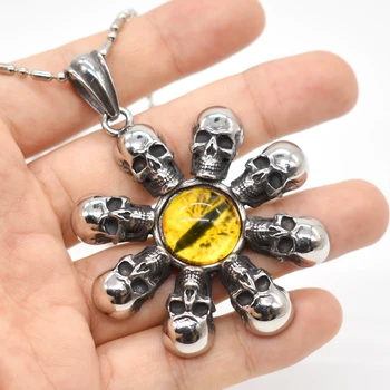 

AMUMIU Yellow Eyes Skull Skeleton Fashion Jewelry Stainless Steel Necklace Pendant Men Women Punk Wholesale Gifts HP272
