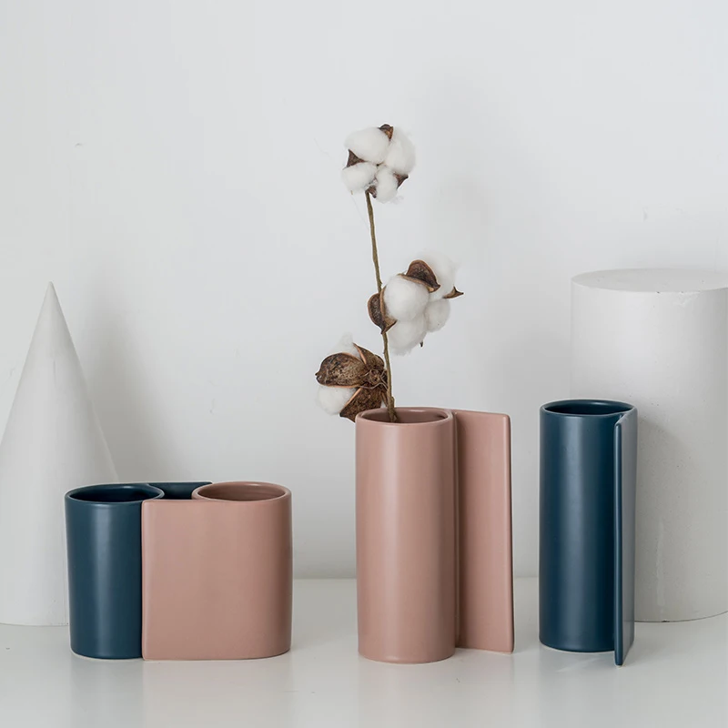 

Nordic design Ceramic Vase Blue Dirty pink artificial flowers vase Pot Desktop Crafts Art Vasee jarrones decorativos moderno