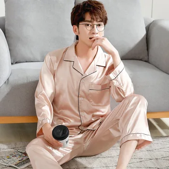 

Pajamas Men's Ice Silk Thin Long-sleeved Men's Home Service Youth Spring and Autumn Simulation Silk Suit Sommeil Tops Dormir Top