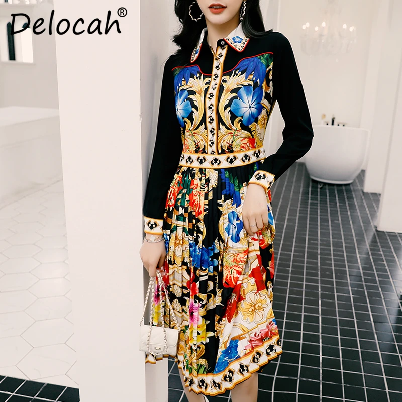 Delocah, женское платье, весна-лето, подиумное, модное, дизайнерское, с длинным рукавом, простое, на пуговицах, с принтом, элегантное, плиссированное, женские платья