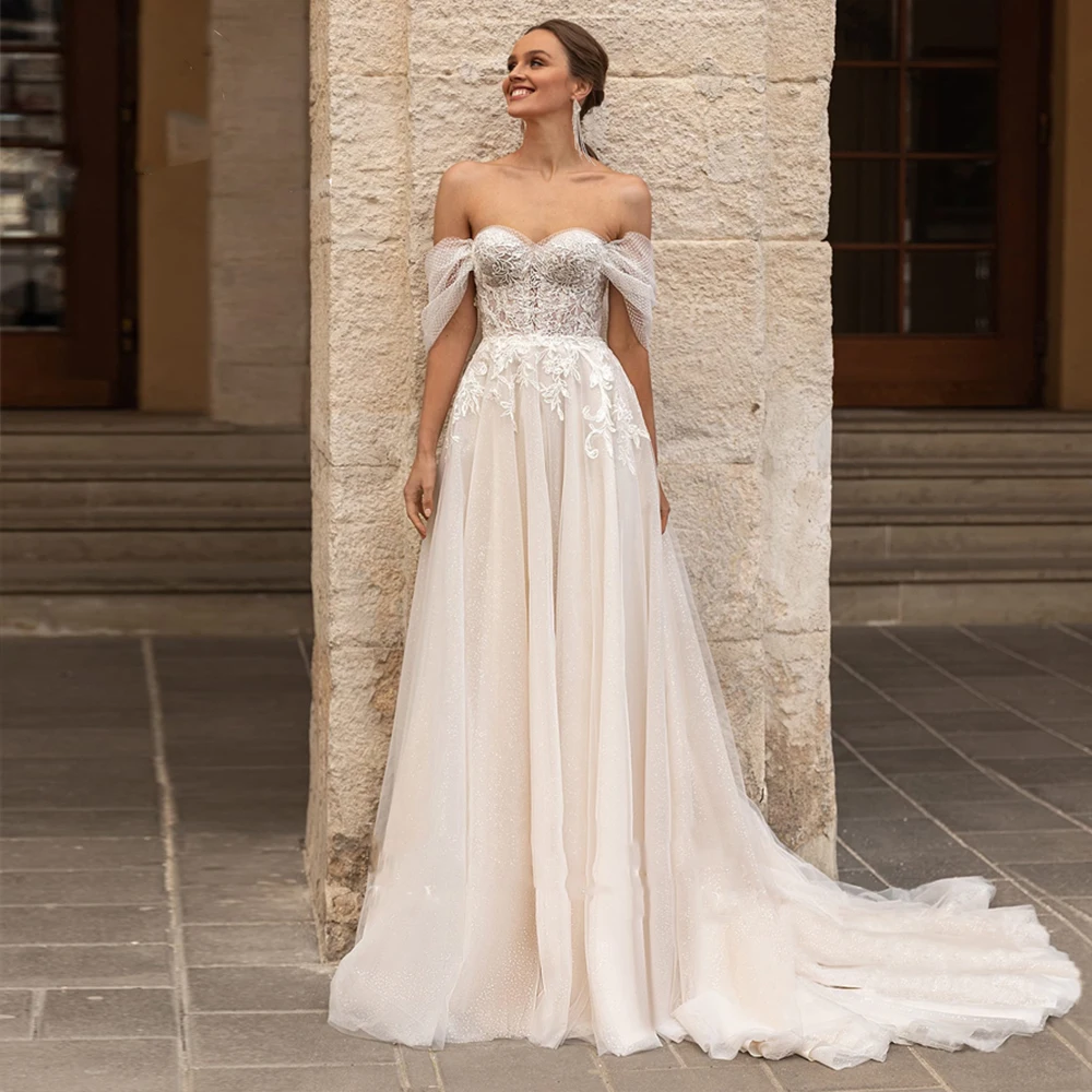 simple wedding dresses A-Line Wedding Dress 2022 Elegant Appliques Off the Shoulder Sweetheart Backless Flowy Shiny Polka Dot Bridal Gown Princess long sleeve wedding dresses