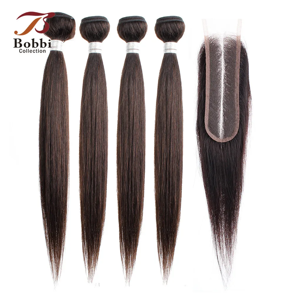BOBBI коллекция индийские прямые волосы пучки с 2x6 Ким К closureкоричневый не Реми человеческие волосы переплетения пучки с кружевом Закрытие