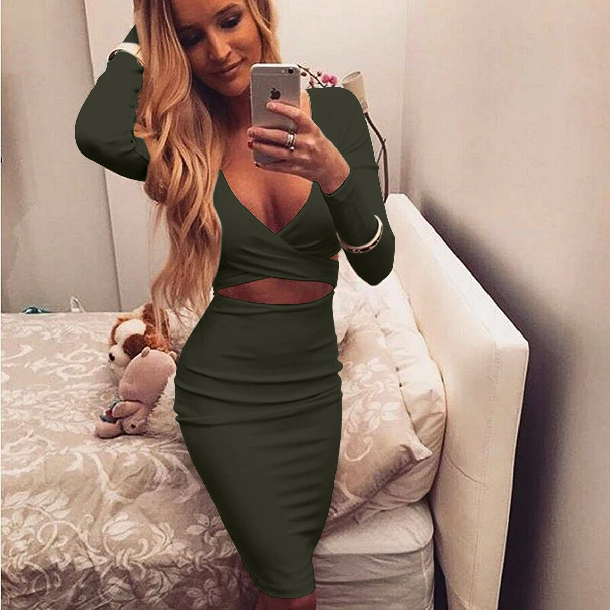 Wantmove 2021 Women Sexy Two Piece Set Solid Color Long Sleeve V-Neck Top And Tight Wrap Skirt  AM949