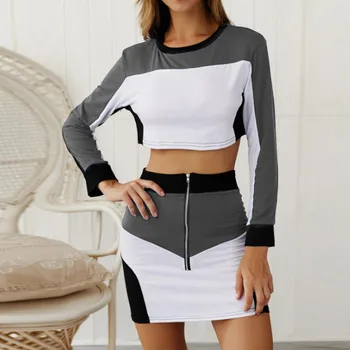 

2Pcs/Sets Stitching Color Women Autumn Summer Loose Simple O-Neck Long Sleeve T-Shirt +Casual Slim Print Skirt Two-Piece Suit