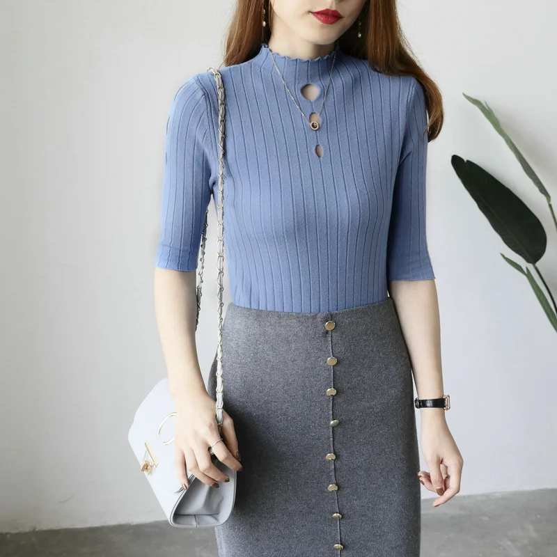 2021 women's new bottoming shirt thin section half-high collar short paragraph solid color sweater | Женская одежда