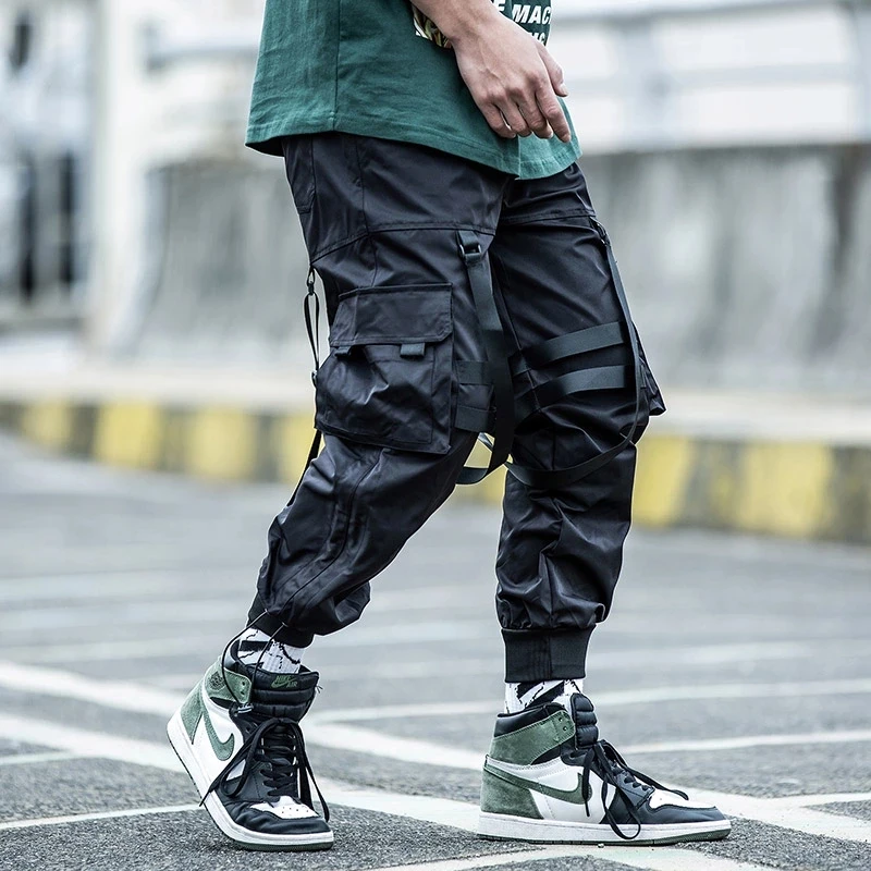 Tactical Cargo Pants Men Joggers Streetwear Ankle-length Pants Ribbons  Elastic Waist Black Pant Hip Hop Male - AliExpress