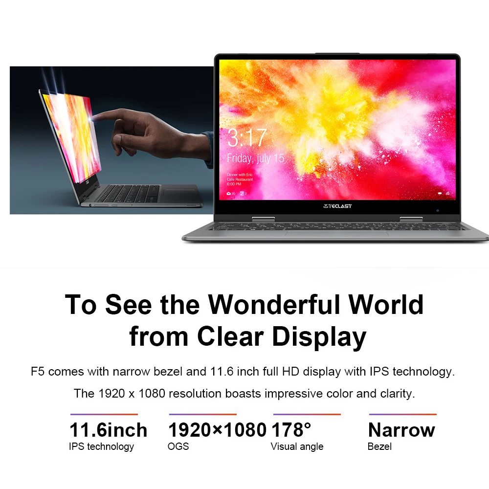 Ноутбук с сенсорным экраном Teclast F5, Intel, 8 ГБ ОЗУ, 256 Гб SSD, Windows 10, 1920*1080, быстрая зарядка, 360 Вращающийся сенсорный экран, 11,6 дюймов