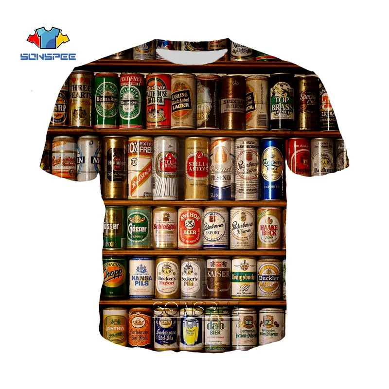 

SONSPEE Mens Cans Of Beer T-Shirts 3D Print Summer Hip Hop Streetwear Short Sleeve Men Beer T-shirt Tops Tee Shirt Homme Women