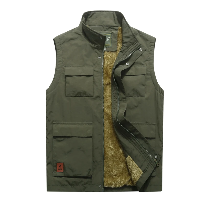 ArmyGreenStyle3 Мужской зимний жилет из плотного флиса с несколькими карманами, повседневный теплый жилет с воротником мандарин, куртка без рукавов для фотографа размера плюс 5XL - Цвет: ArmyGreenStyle3