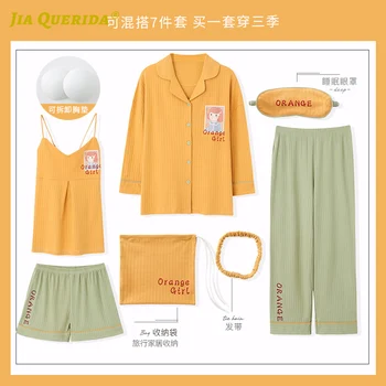 

Casual Style Clothes Homesuit Home clothes Ladies 7 Piece Pajamas Set Pj Set Cartoon Long Sleeve Long Pants Sleepwear
