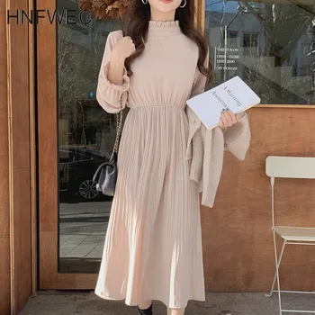 

2020 Spring New Korean Style Dress Women Solid Color Long Sleeve Ladies Pleated Dress Temperament Women Clothing V658