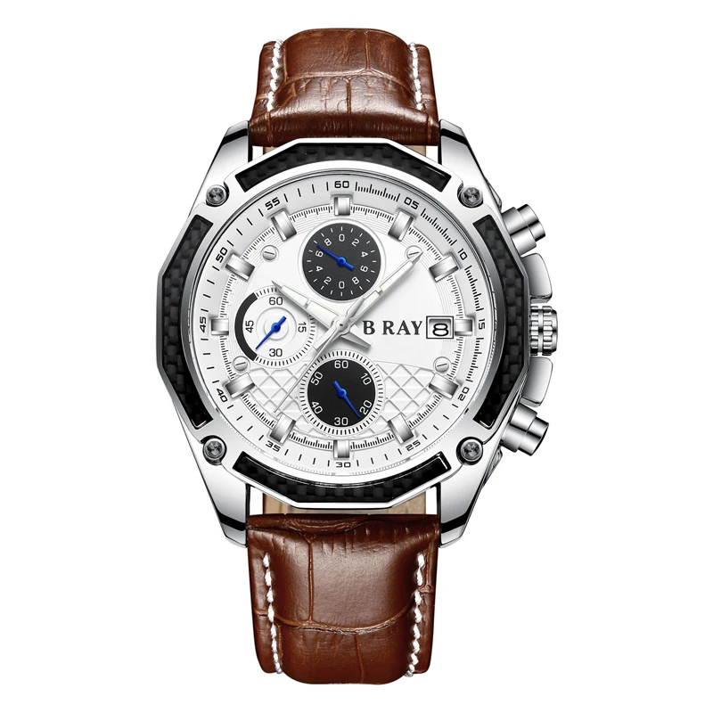 white B RAY 9005, мужские часы, водонепроницаемые, Топ бренд, Роскошные, с календарем, модные мужские часы, кожа, спортивные, военные, мужские наручные часы, Прямая поставка - Цвет: white