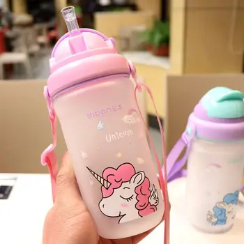 

Cute Cartoon Unicorn Children Water Bottle with Straw PP Plastic Bpa Free Safe Kid Outdoor Portable Drink Bottle with Strap