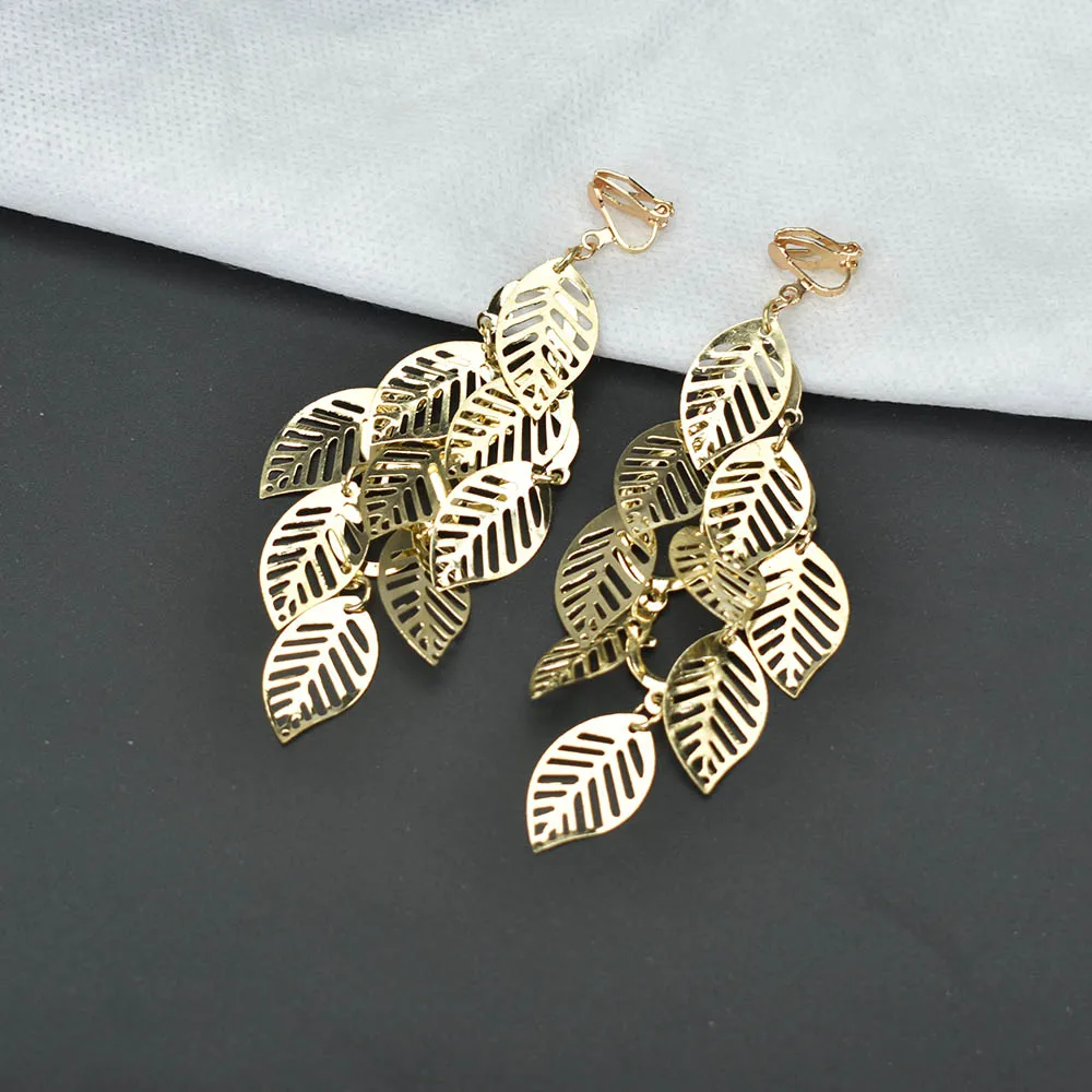 Gold Silver Color Multilayer Leaves Clip On Earrings Without Piercing Exaggerated Women Metal Long Earing Non Pierced Earcuffs