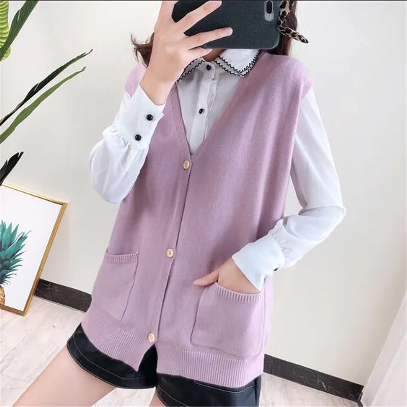 Spring autumn horse clips vest women new Korean loose tops V collar knitt student sweater cardigan coat female sleeveless vest