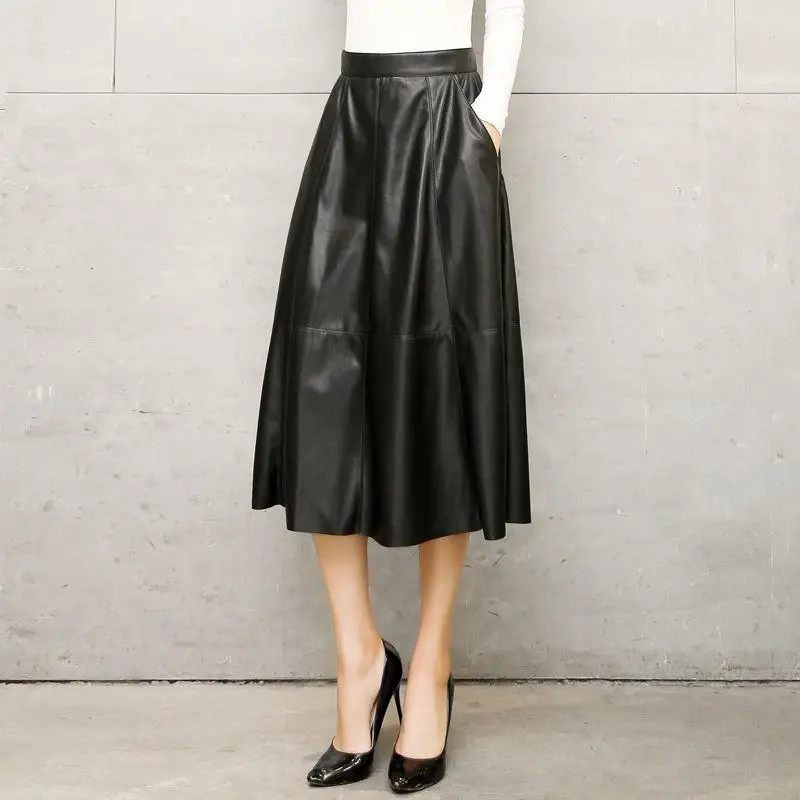 2020 Autumn Winter Fashion Women PU Faux Leather Skirts Long Office Lady Gothic A-line High Waist Pleated Maxi Black T280 | Женская