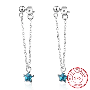 

Star Drop Earrings 925 Sterling Silver Female Blue Crystal Five-pointed Stars Ear Jewelry Sweet Ear Hanging Brincos