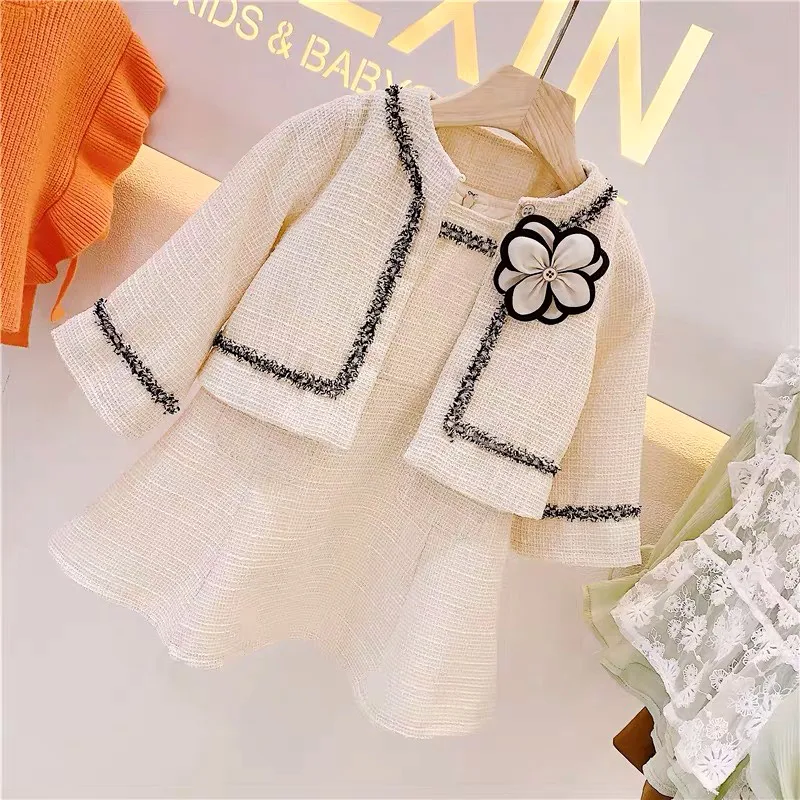 beige Весенне-осенний комплект из 2 предметов для девочек, платье для малышей+ пальто, Детский костюм детская брендовая одежда тканая полосатая Цветочная нашивка на возраст от 2 до 9 лет - Цвет: beige