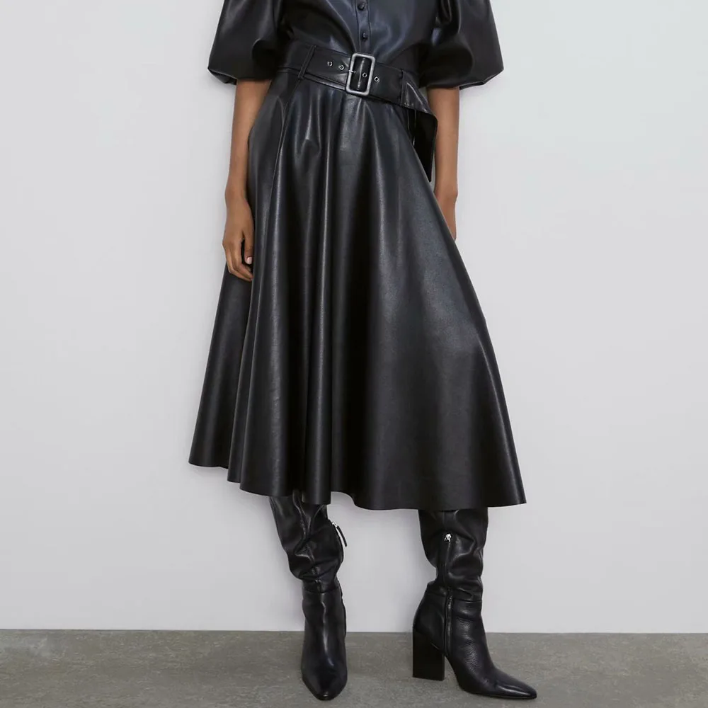 Woman Leather PU Skirt Causal Loose Black Autumn Fall A Line Long Midi Skirt Elegant Fashion Ladies Women High Waist Skirt