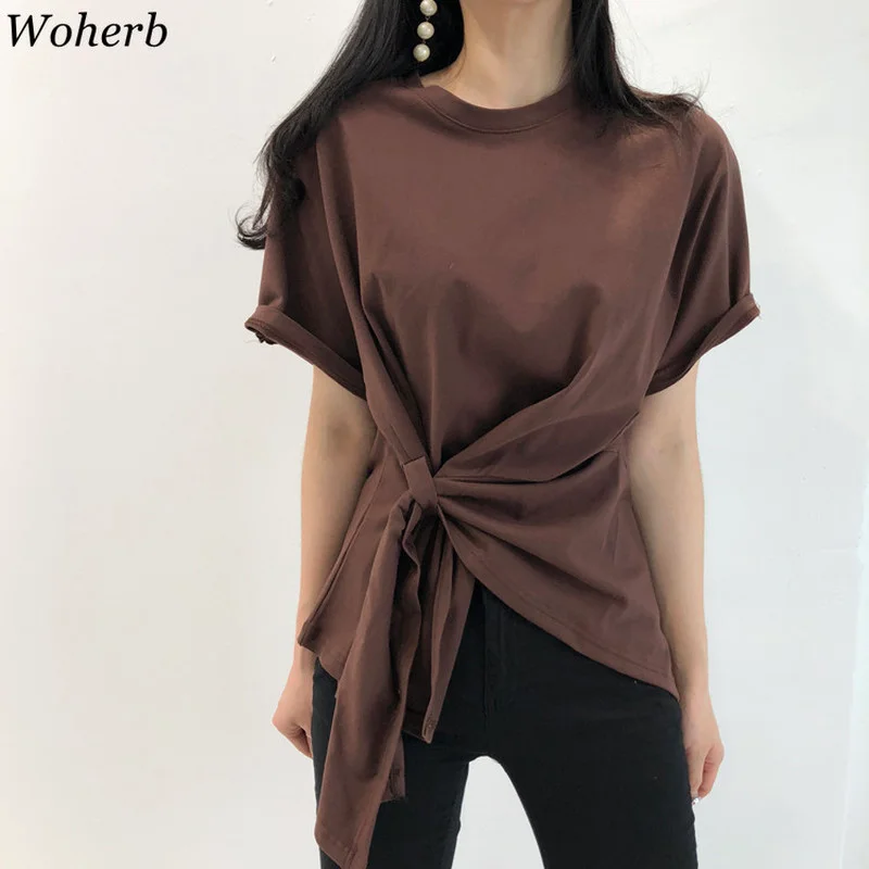 Женская Асимметричная футболка Woherb свободная повседневная с круглым вырезом и
