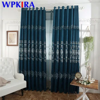 

American High-grade Embroidered Tulle for Living room Navy Blue Elegant Blackout Bedroom Curtain Chenille Window Drapes M222D4