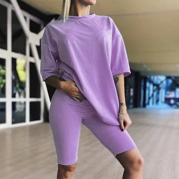 

Fashion Casual Solid Outfits Women's Two Piece Suit With Belt Home Loose Sports Tracksuits Fashion Leisure Bicycle Suit Summer