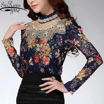 

NEW 2018 Women Floral Lace fashion casual girl long sleeve blouse Diamond beaded lace shirt women clothes 136C 24