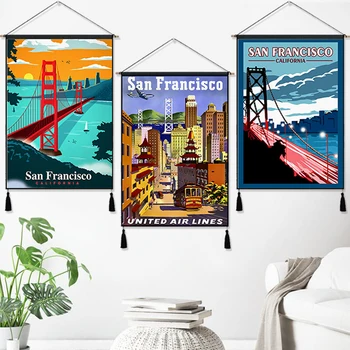 

San Francisco America Vintage Travel Hanging Cloth Cotton Line Painting Poster Home Decor Wall Hanging Tapestry Gift