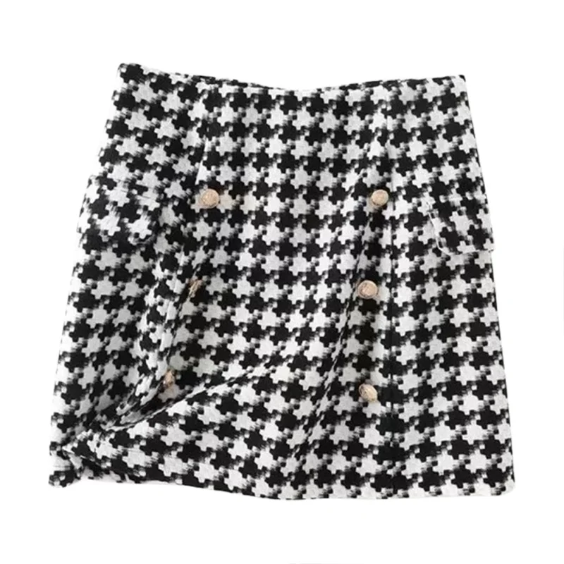 Женская сексуальная двубортная твидовая мини-юбка с золотыми пуговицами и гусиными лапками, высокая мода, новые модные черно-белые юбки