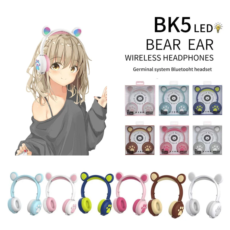 Беспроводные наушники Bluetooth "Кошка" складные светящиеся для детей игровая