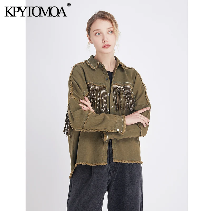 Finest  Vintage Stylish Fringe Beaded Loose Denim Jacket Coat Women 2020 Fashion Long Sleeve Frayed Trim La