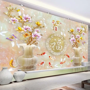 

Custom 3D Murals Wallpaper Chinese Style Jade Carving Vase Magnolia Flower Fish Living Room Sofa TV Background Photo Wall Paper