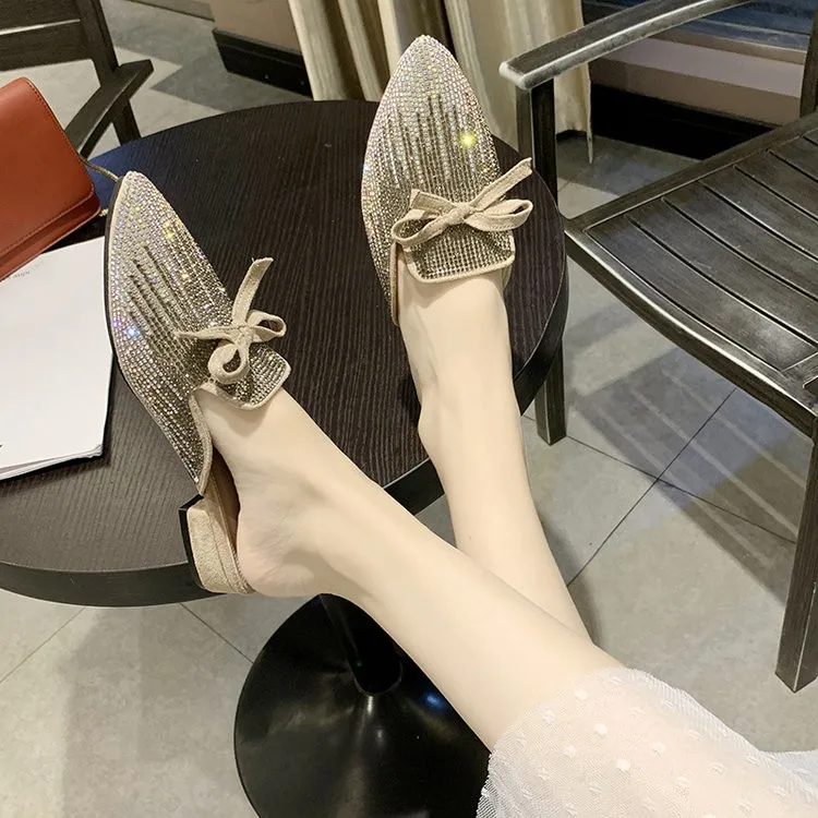 

Women's Slippers 2019 Low Woman Shoes Luxury Pointed Toe Loafers Slides Butterfly-knot Heeled Mules New Designer Sliders