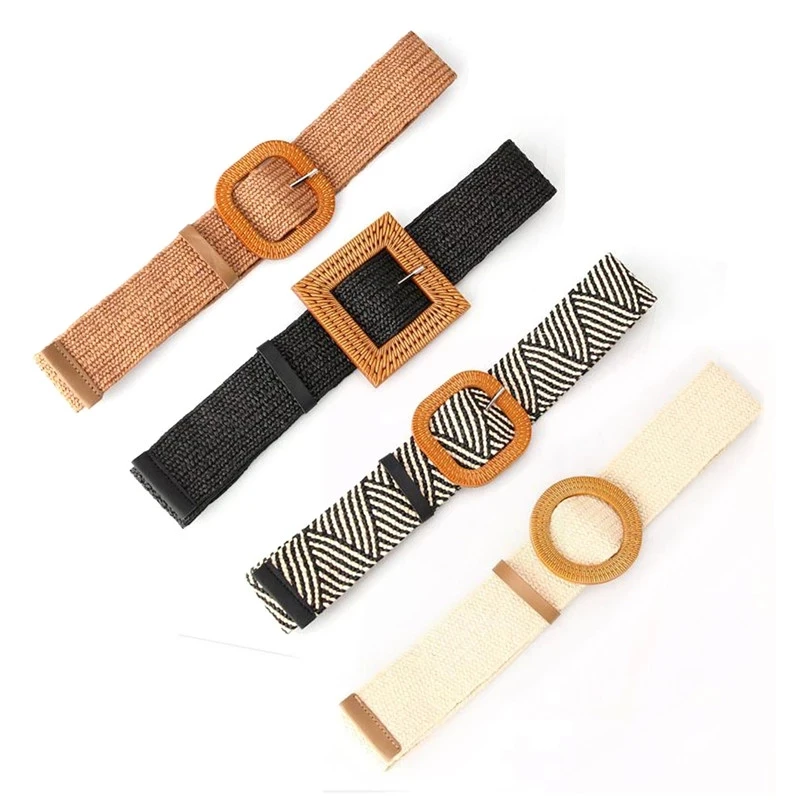 

Плетеный пояс в стиле бохо для женщин, универсальный эластичный пояс, Дамский Пояс из искусственной соломы с большой пластиковой пряжкой, 97 см * 5 см