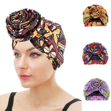 

Women African Pattern Flower Headscarf Party Turban Bandana Satin Linned Beanie Head Wrap Headwear Cap Chemo Turbans