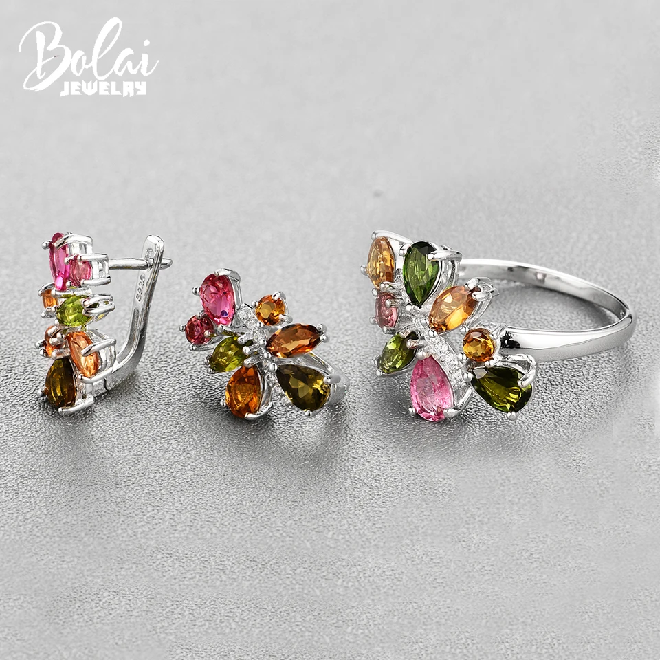 Bolai natural tourmaline jewelry sets 925 sterling silver stud earrings ring multi-color gemstone fine jewelry for women's 2019
