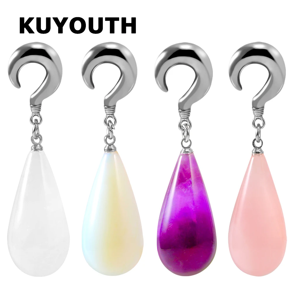 

KUYOUTH Unique Stainless Steel Water Drop Opal Stone Ear Weight Stretchers Body Jewelry Earring Piercing Gauges Expanders 2PCS