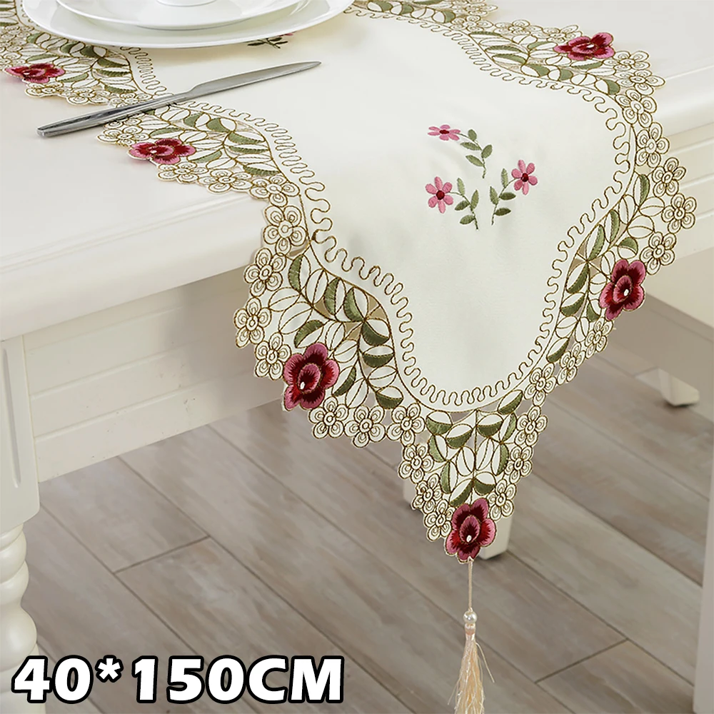 Pastoral Table Runner Embroidered Flower Leaves Hollow Polyester Table Covers Dustproof Table Decor for Home Party Wedding