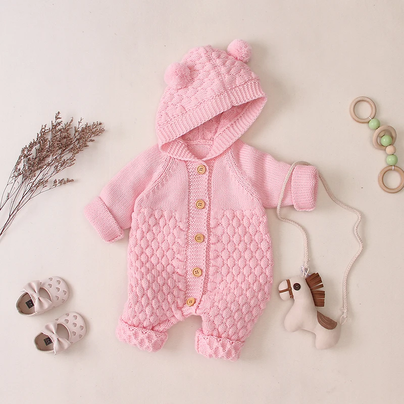 Детский комбинезон с капюшоном для новорожденных, спортивный костюм комбинезон, осенняя вязаная повседневная одежда для маленьких девочек, одежда для маленьких мальчиков