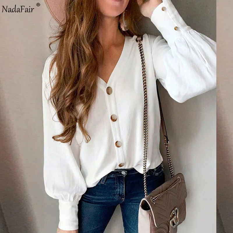 Nadafair белая рубашка с v-образным вырезом на каждый день пуговицы элегантная офисная блуза с длинным рукавом Женские топы размера плюс - Цвет: Белый